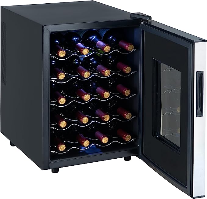 The Whynter Thermoelectric Wine Fridge is a freestanding wine cooler refrigerator that combines the convenience of a compact size with the elegance of a glass door, creating a stylish and functional appliance for wine enthusiasts